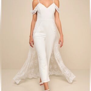 Stunning Lulus Off-Shoulder White Lace Jumpsuit